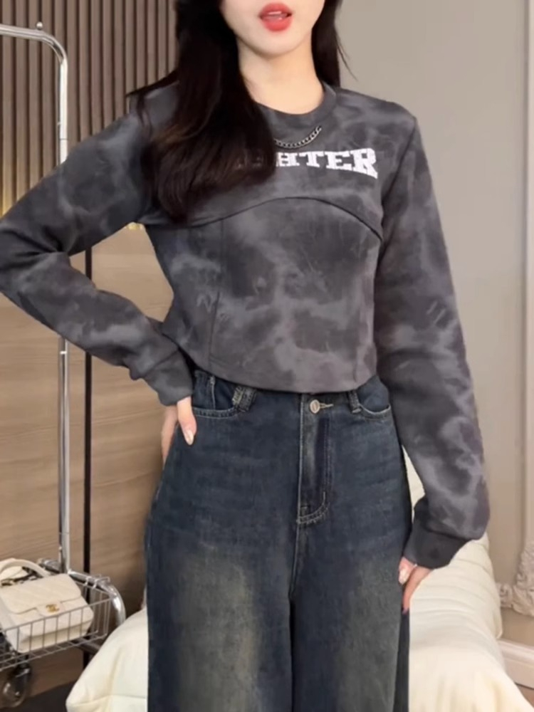 American tops for women in autumn and winter, new design, unique shoulder, short, long-sleeved T-shirt