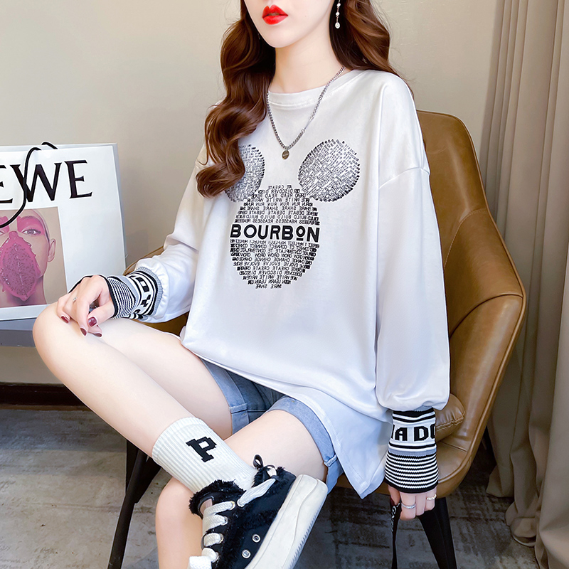 Real shot of autumn and winter new loose double-sided German velvet round neck warm splicing long-sleeved bottoming shirt T-shirt for women