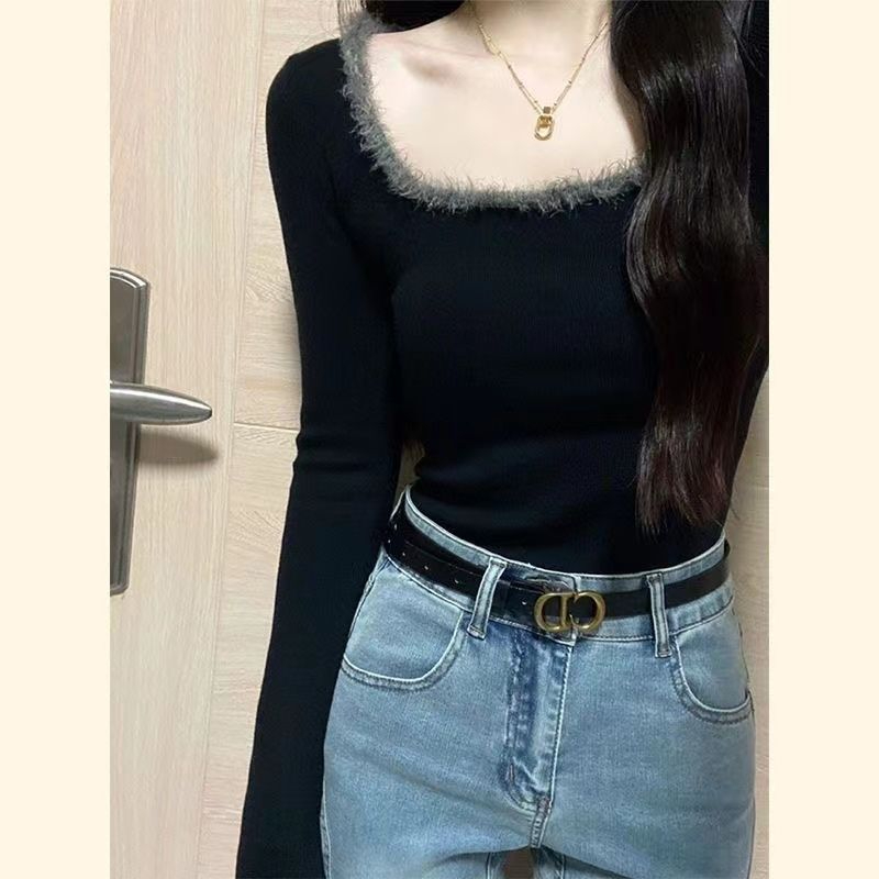 德絨方領打底衫女春秋新款法式高級感洋氣長袖上衣
