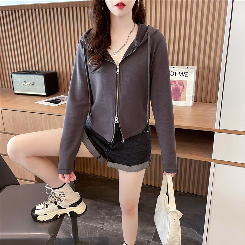 實拍 短款寬鬆連帽棒球服外套女春秋設計感小眾純色開衫