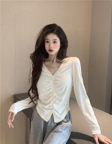 Actual shot ~  autumn design pleated long-sleeved T-shirt slim V-neck pure sexy hot girl bottoming top