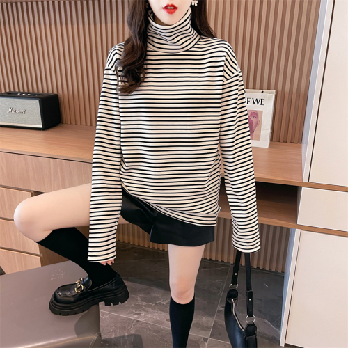 Real shot of cotton autumn and winter new high-neck long-sleeved T-shirt female students trendy internet celebrity same style