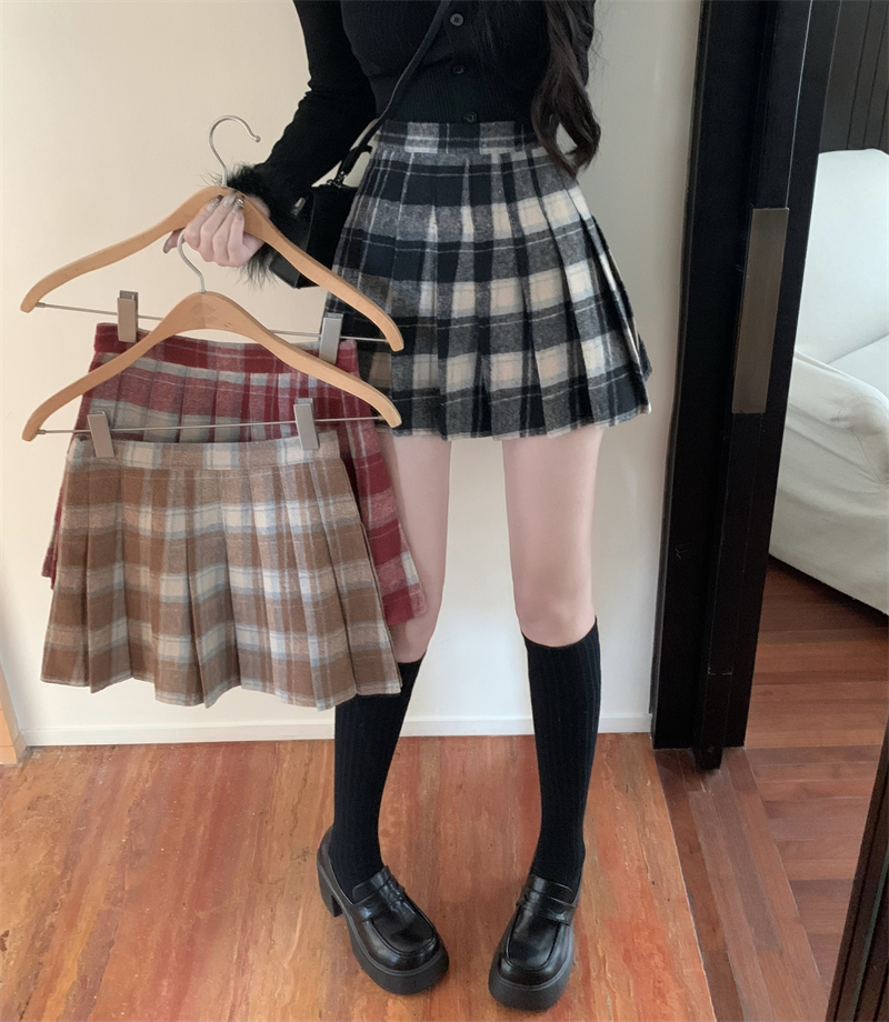 實拍~復古格紋半身裙女裝秋季高腰顯瘦百褶裙寬鬆A字裙短裙子