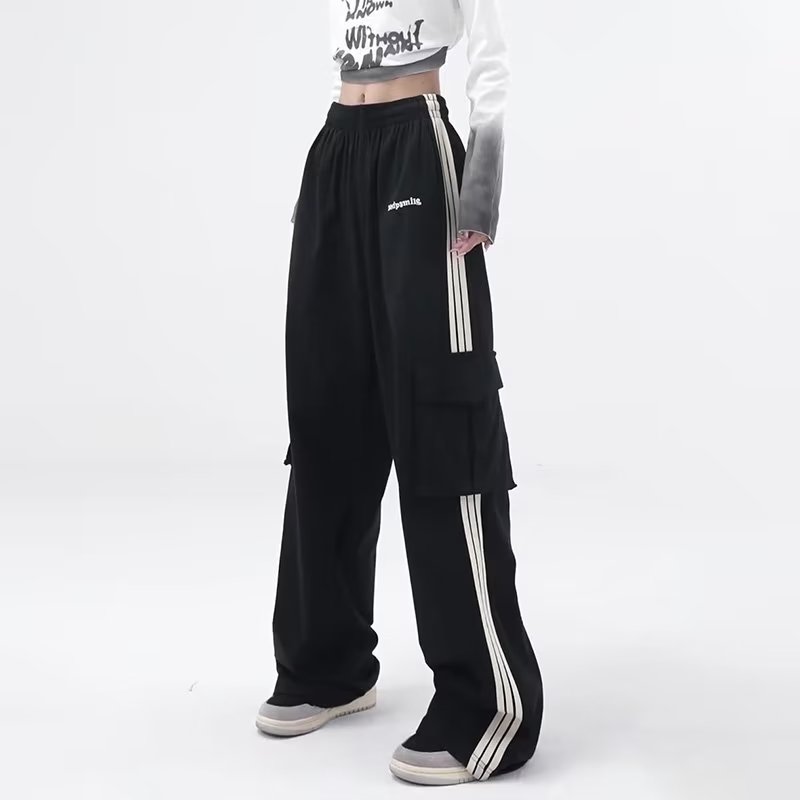 High-end drag-down wide-leg work pants for women, new autumn style loose and slimming casual pants with side stripes, sporty pants