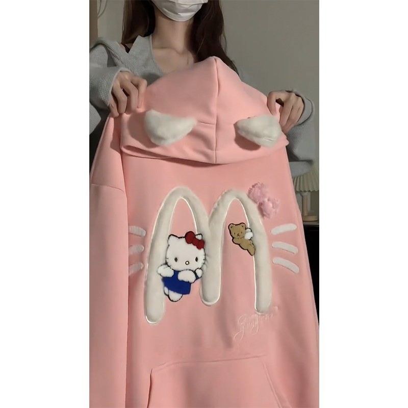 溫柔可愛耳朵HelloKitty植絨加絨衛衣女甜美寬鬆寬鬆衛衣