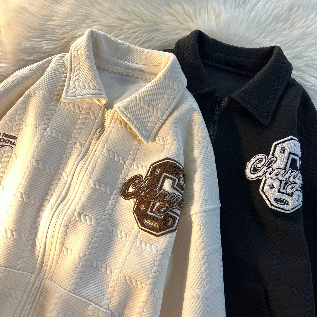 潮牌毛巾刺繡植絨字母寬鬆立領杏色外套百搭長袖男女秋冬加厚情侶