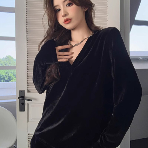 Gold velvet long-sleeved T-shirt for women in autumn and winter, high-end, loose, mid-length, bottoming shirt top