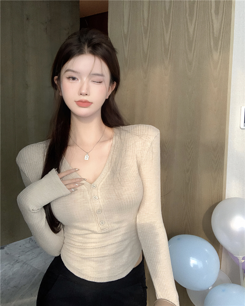 實拍~V領長袖T恤豎螺紋件數打底衫黑色內搭上衣女
