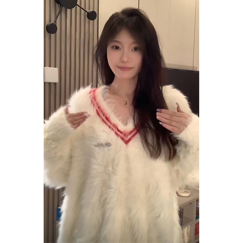Mohair soft waxy sweater jacket for women in autumn and winter Korean style lazy style loose design niche thickened V-neck top