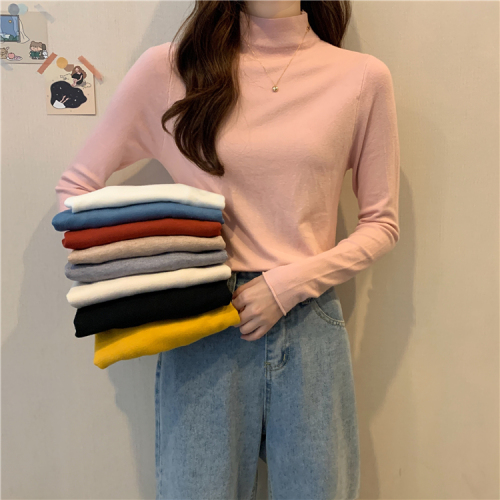 Actual shot of Western-style ins solid color slim-fit bottoming shirt for women, versatile long-sleeved turtleneck bottoming shirt and sweater