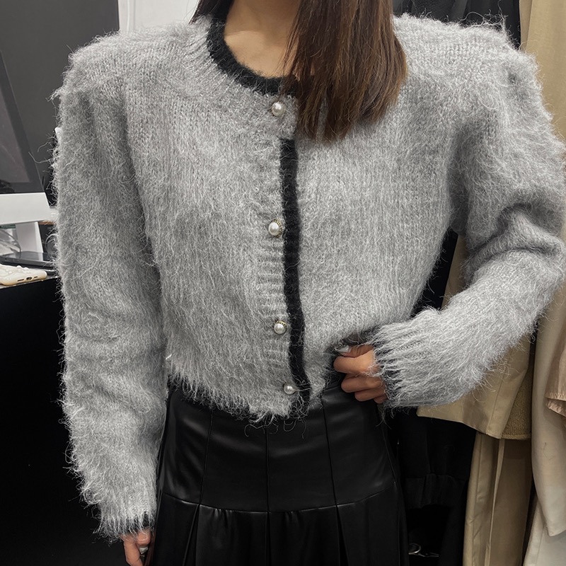 FAFA家2023秋冬新款高級感圓領撞色長袖羊毛針織開衫毛衣女短上衣