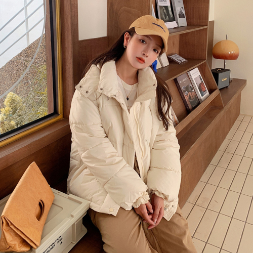 Down jacket women's short style small person  winter new cream yellow hooded bread jacket cotton jacket student trend