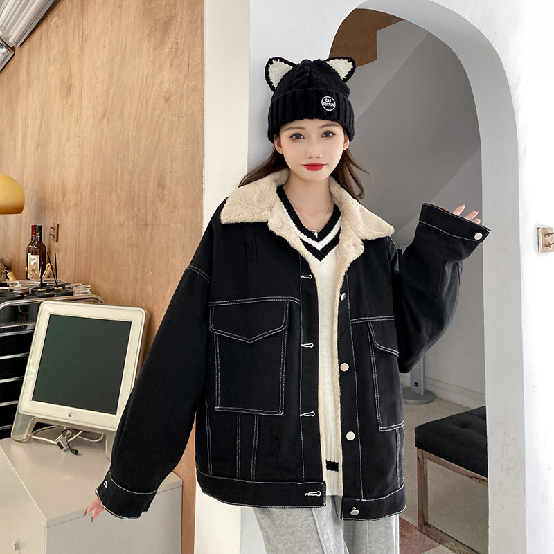 實拍~翻領加絨加厚牛仔外套2023秋冬寬鬆韓版休閒工裝棉服女