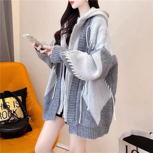 Autumn and winter hooded zipper splicing wool rhombus sweater jacket women's casual design knitted cardigan top