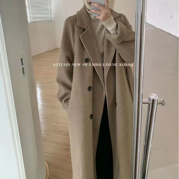 Women's mid-length woolen coat 2023 autumn and winter new style Hepburn style small person loose thickened woolen coat