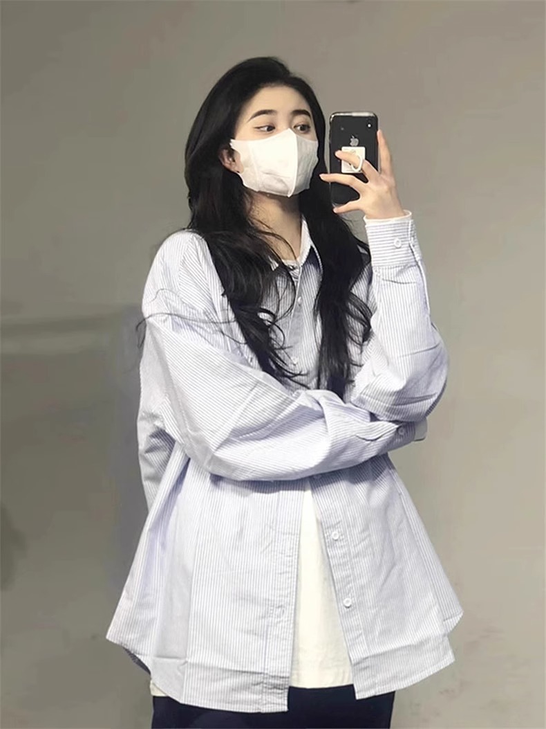 藍色條紋長袖襯衫外套上衣女新款設計感小眾高級內搭襯衣