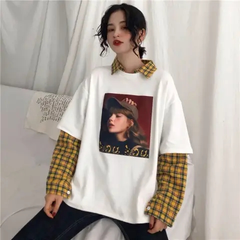 2023 Harajuku style spring plaid splicing fake two-piece shirt collar long-sleeved T-shirt top bottoming shirt