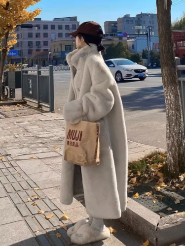 Lamb wool coat for women  new winter thickened loose fur one-piece long imitation fur stand collar plush coat