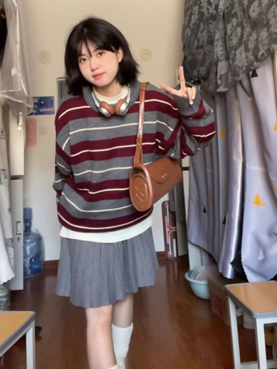 日系復古vintage撞色條紋毛衣女冬寬鬆慵懶風軟糯套頭針織衫上衣
