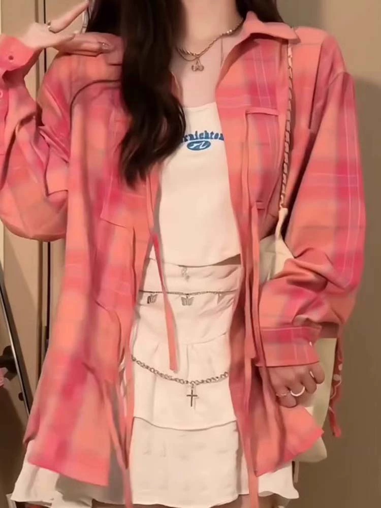 粉色格子綁帶潮襯衫外套女裝2023秋美式復古寬鬆bf慵懶風長袖上衣