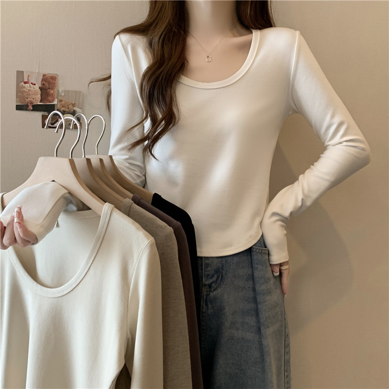 Actual shot of ribbed German velvet long-sleeved T-shirt for women, new style inner base layer top