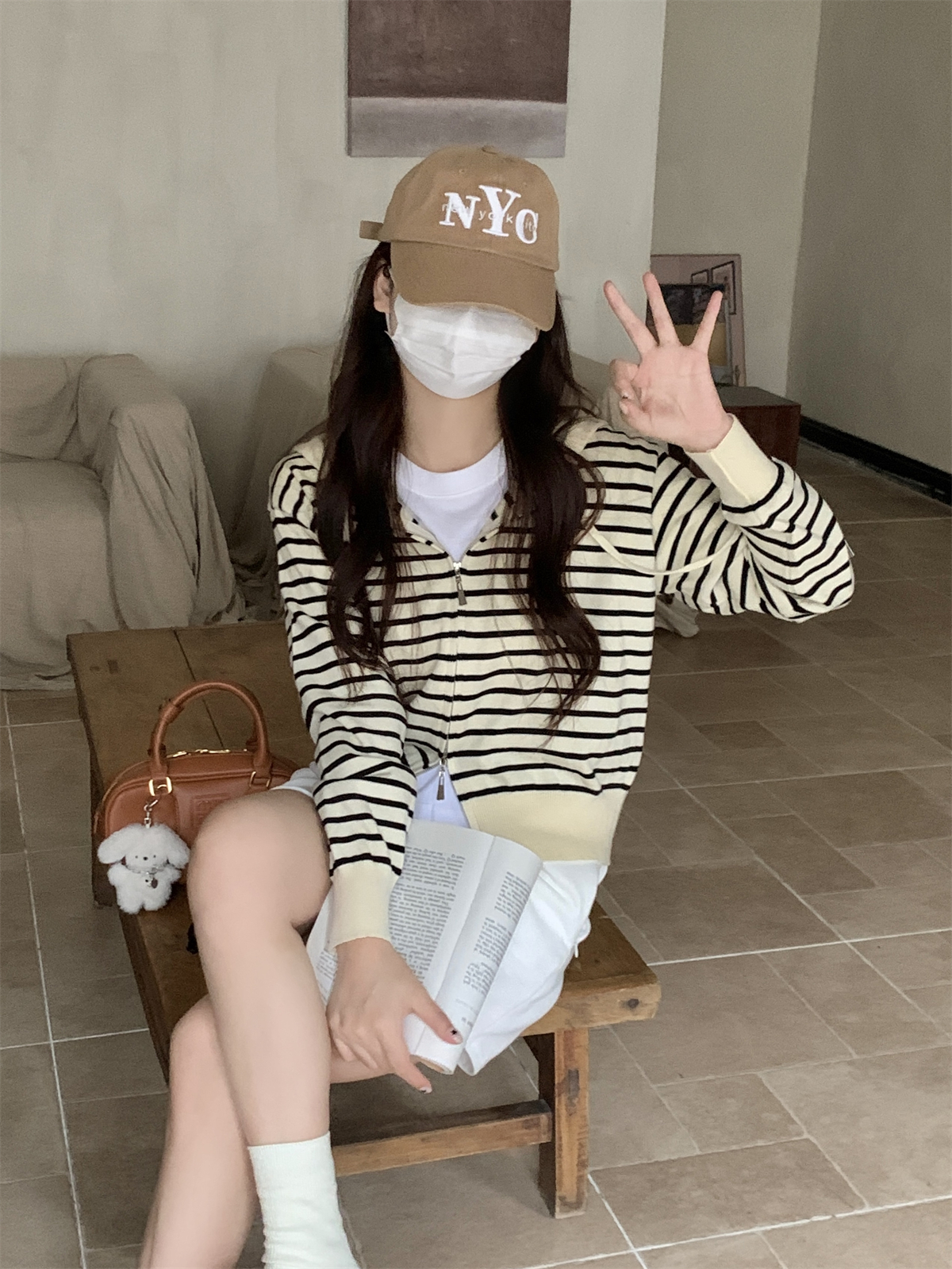 實拍 秋冬韓版百搭條紋休閒連帽拉鏈針織開衫毛衣女外套