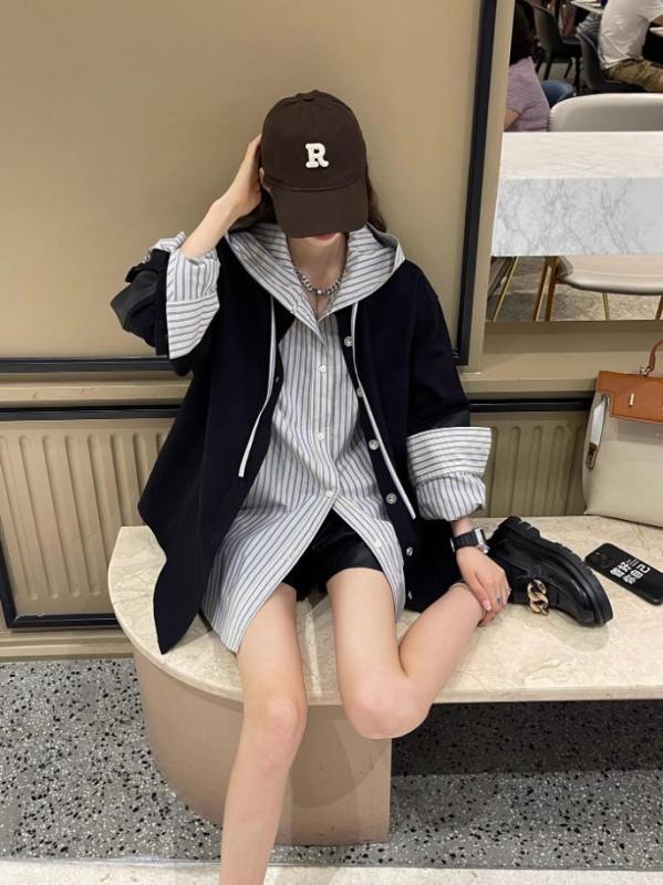 小眾設計感寬鬆oversize連帽中長款條紋襯衫百搭防曬