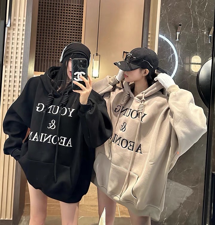 Hooded velvet thickened sweatshirt for women 2023 new autumn and winter loose large version mid-length lazy top