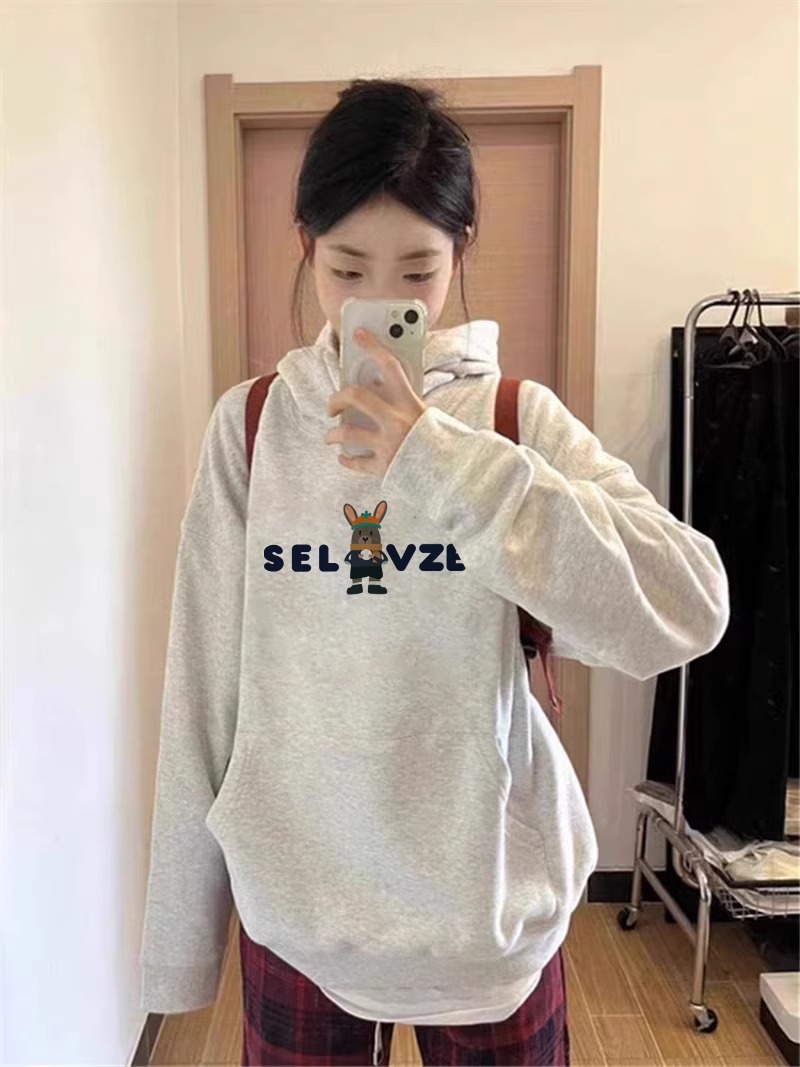 CVC cotton pasta wool Chinese cotton composite/milk silk 300g silver fox velvet 400g front printed hooded sweatshirt for women