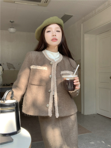 Actual shot ~ Qianjin series woven woolen contrasting color small fragrance suit for women autumn and winter new two-piece set