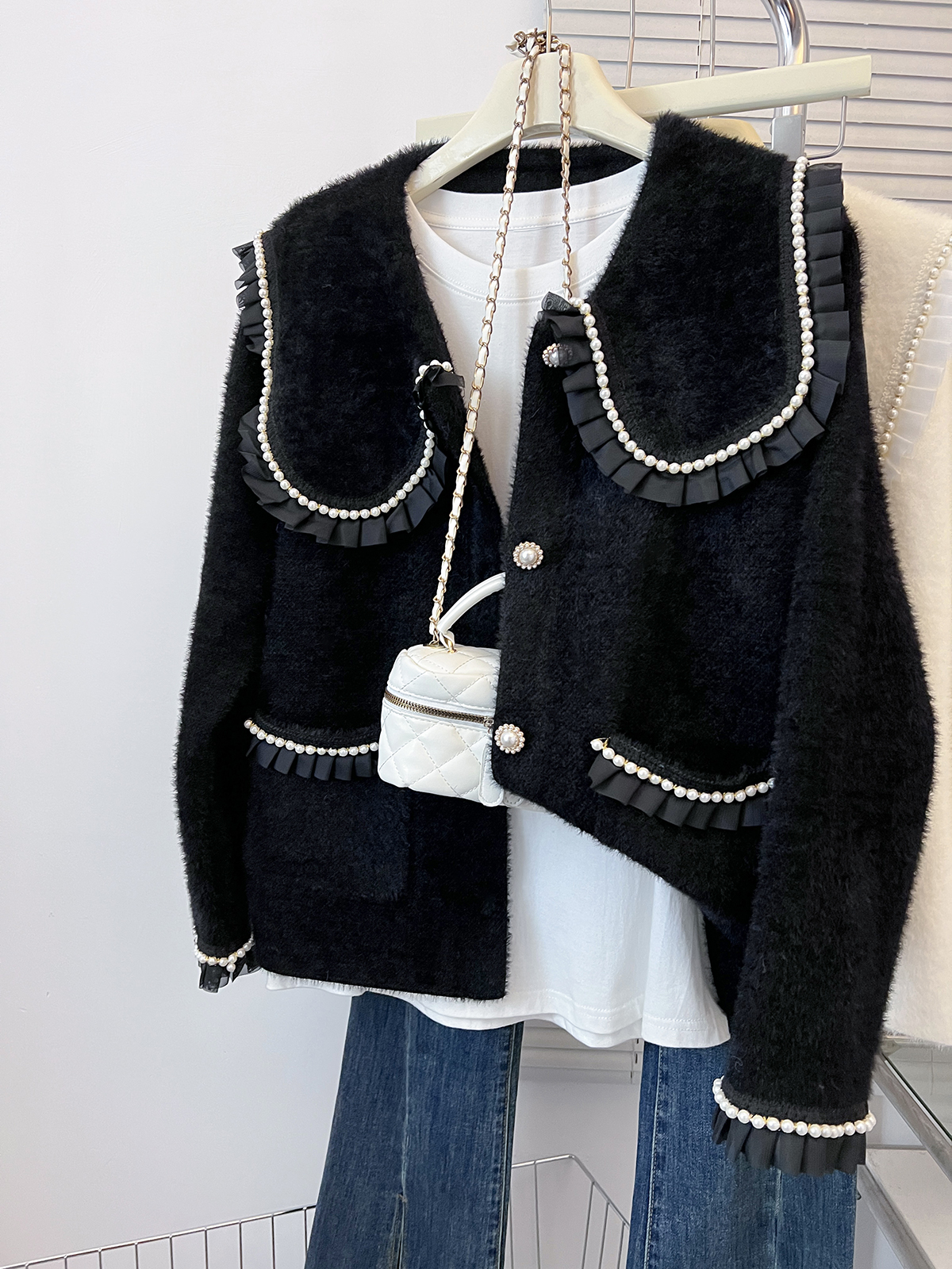 Heavy beading doll collar gentle cardigan sweater for women autumn and winter plus size fat mm foreign style age-reducing imitation mink velvet jacket