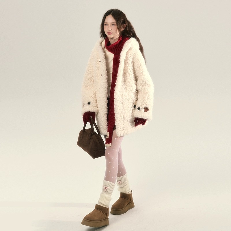 chummy 小羊卷卷 復古甜美寬鬆羊羔毛軟糯皮毛一體長袖連帽棉外套