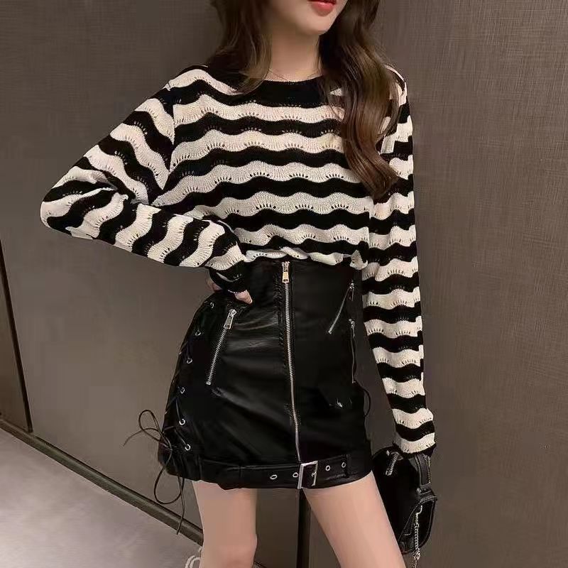 2023新款秋季韓版修身顯瘦打底衫網紅短款上衣服條紋長袖針織衫女