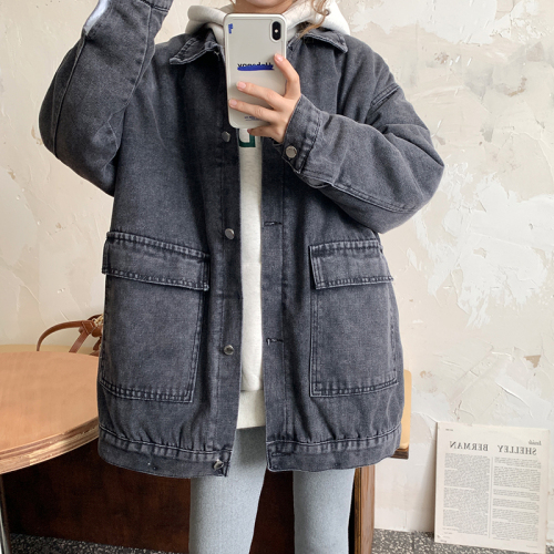 Real shot~Fleece thickened denim jacket for women in autumn and winter loose Harajuku bf style retro denim jacket trendy