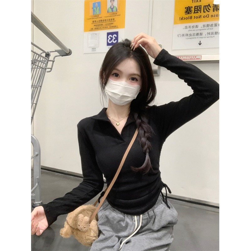 Fashionable POLO collar long-sleeved T-shirt with chest pad for women autumn 2023 new drawstring slimming short top