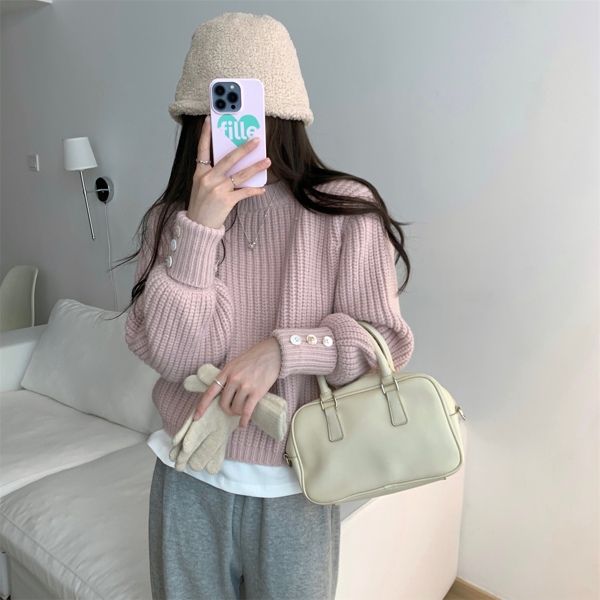 實拍 秋冬韓版寬鬆純色軟糯紐扣設計感北極絨針織套頭女毛衣