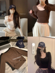 Real shot ~ Solid color U-neck long-sleeved T-shirt for women 2023 autumn new slim fit bottoming shirt with inner top