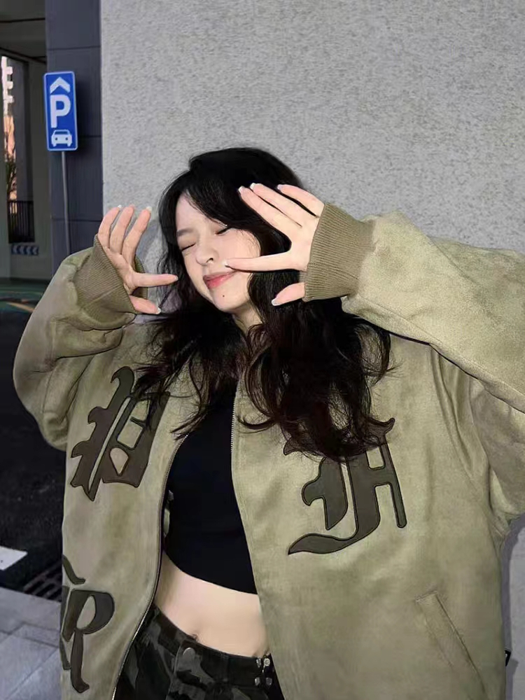 Street national fashion brand American retro embroidered letters suede baseball uniform for women spring and autumn hip-hop jacket coat couple