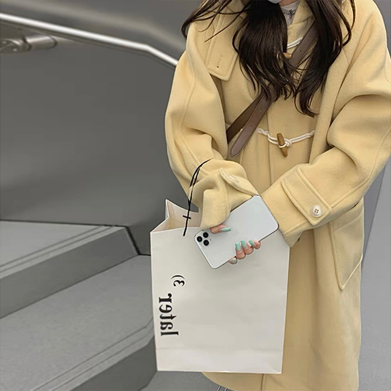 2023 New Autumn and Winter Woolen Coat Women's Mid-Length Small Hooded Horn Button Woolen Coat