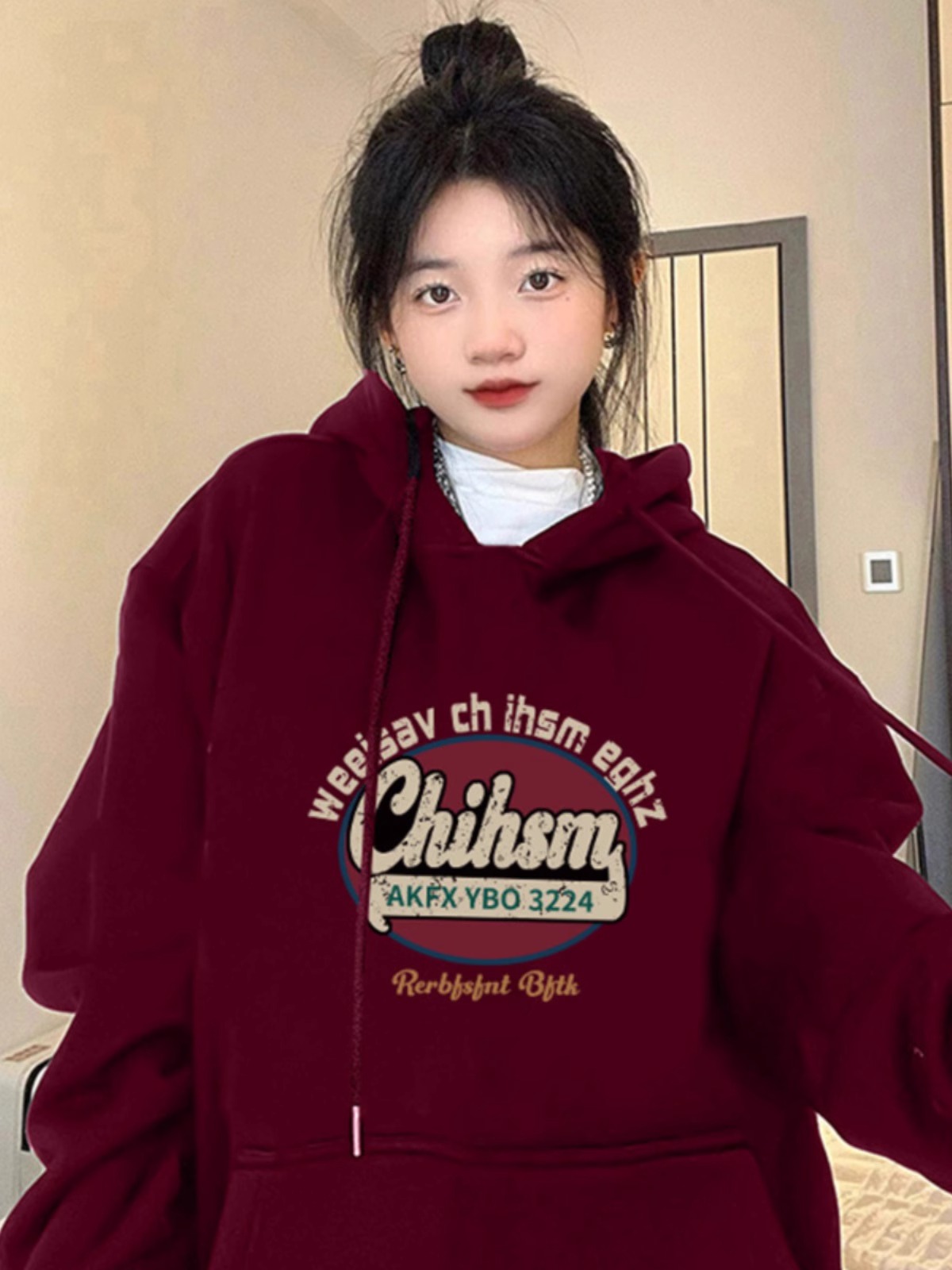 CVC cotton pasta wool Chinese cotton composite/milk silk 300g silver fox velvet 400g front printed hooded sweatshirt for women