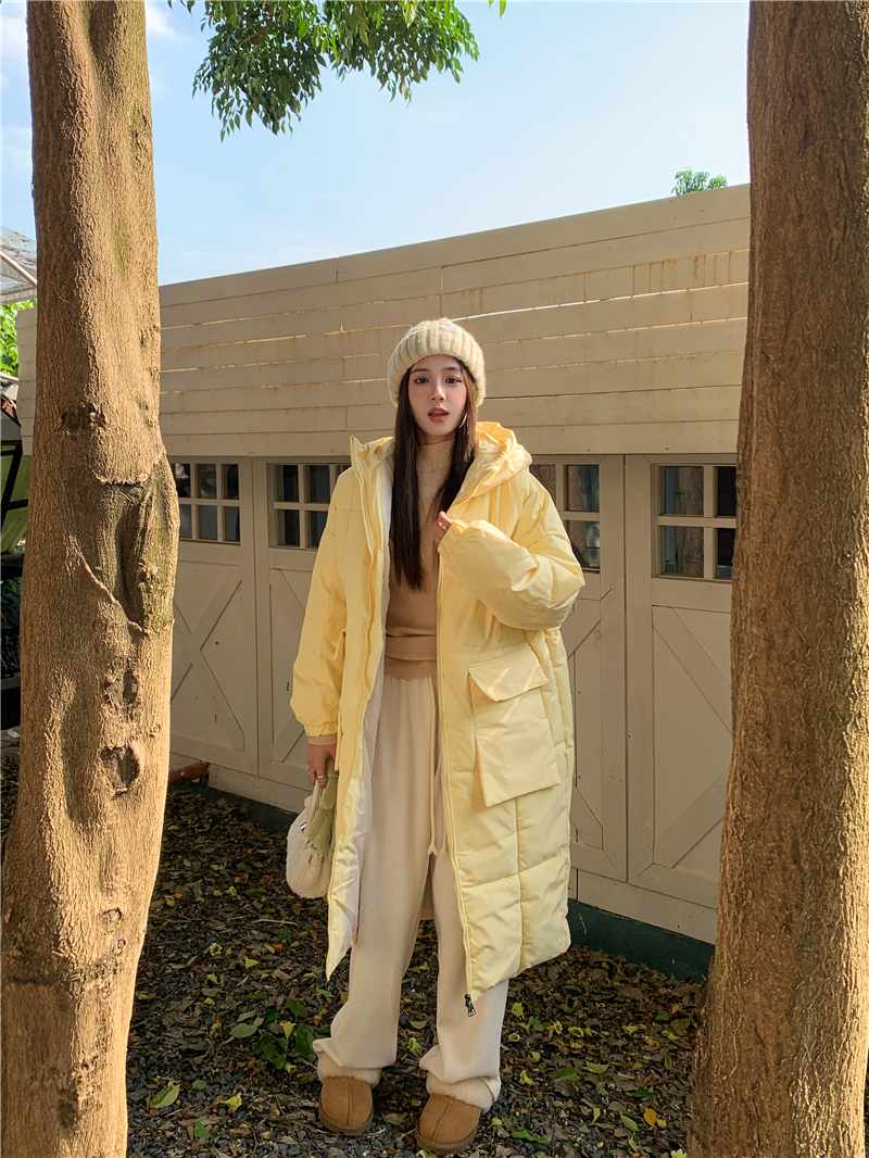 Real shot ~ Creamy yellow medium-length cotton jacket for women 2023 winter new style hooded thickened over-the-knee bread jacket