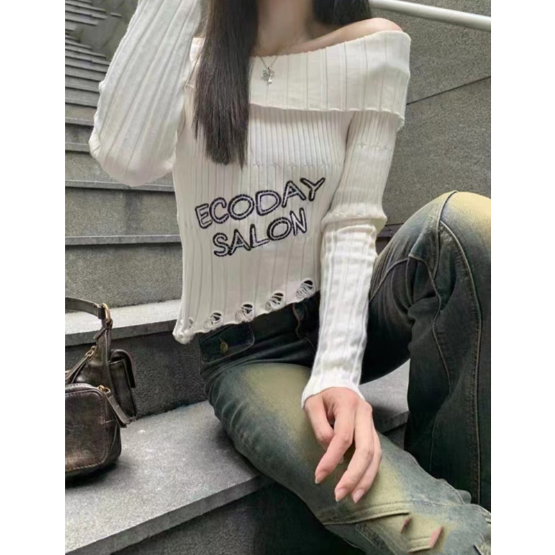 美式復古不規則露肩短款打底衫女上衣設計感別致長袖針織衫毛衣秋