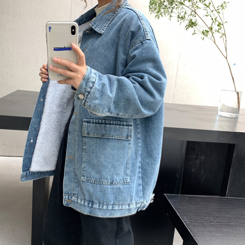 Real shot~Fleece thickened denim jacket for women in autumn and winter loose Harajuku bf style retro denim jacket trendy