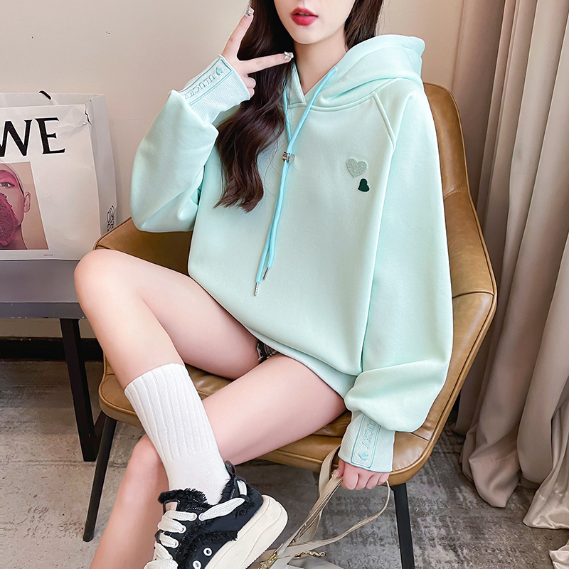 Actual shot of winter Korean style loose Chinese cotton composite hooded hooded love embroidered mid-length large size velvet sweatshirt for women