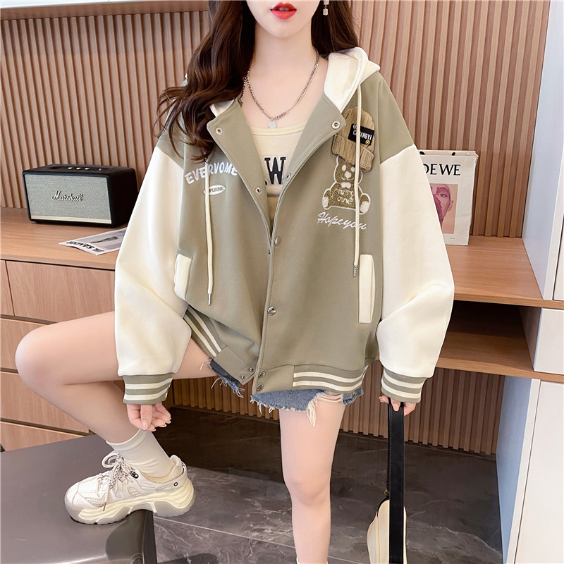 實拍 加絨寬鬆連帽棒球服外套女秋冬小眾撞色拼接卡通刺繡開衫
