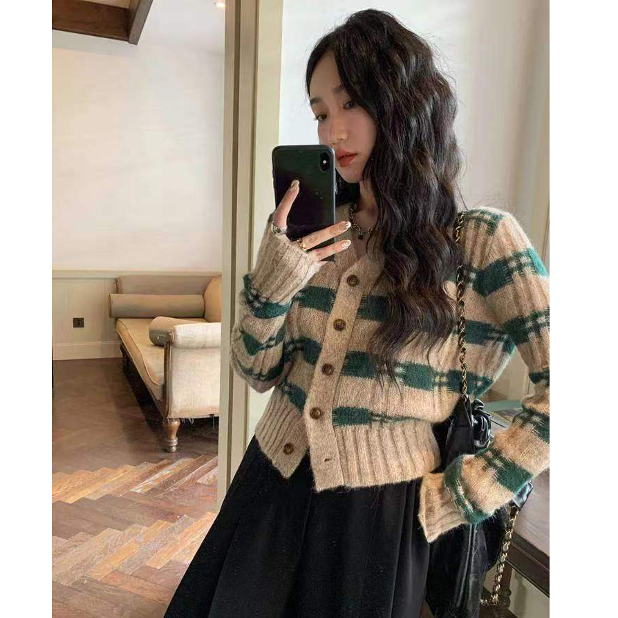 任小藝春秋復古v領條紋拼色開衫毛衣外套女短款設計感針織衫上衣