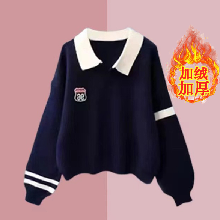 銀狐絨480克加絨加厚 超好質量少女裝學生韓版寬鬆Polo領衛衣上衣