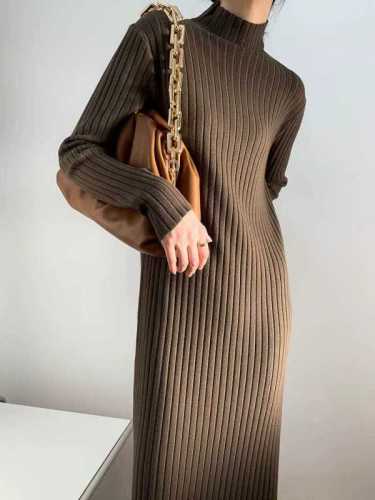 Korean style knitted dress for women in autumn and winter, half turtleneck, casual long sweater skirt, bottoming long skirt