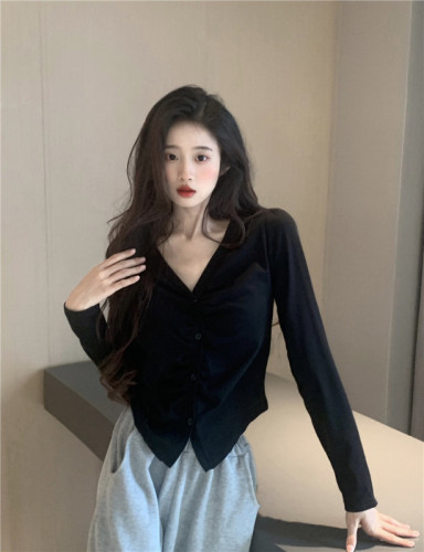 Actual shot ~  autumn design pleated long-sleeved T-shirt slim V-neck pure sexy hot girl bottoming top