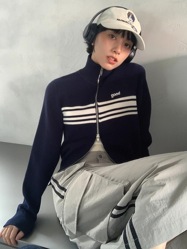 美好商店MeihaoStore條紋短款修身雙向拉鏈開衫高領毛衣針織衫